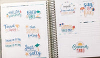 a collection of stickers and notes related to summer, including phrases like "Hello summer", "Beach vibes", "Tanned and tipsy", "Summer feeling", "Summer mood", and "Just a little salty". The stickers and notes are arranged in a notebook or binder, suggesting they are part of a summer-themed organization system or a personal planning tool.