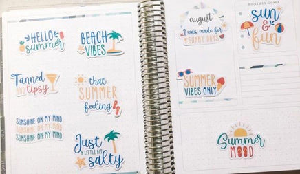 a collection of stickers and notes related to summer, including phrases like "Hello summer", "Beach vibes", "Tanned and tipsy", "Summer feeling", "Summer mood", and "Just a little salty". The stickers and notes are arranged in a notebook or binder, suggesting they are part of a summer-themed organization system or a personal planning tool.