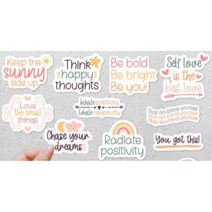 a collection of colorful stickers with positive messages and uplifting phrases.