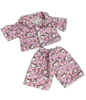 A pink pajama set featuring a pattern of pink and white Hello Kitty characters, including unicorn and rainbows.