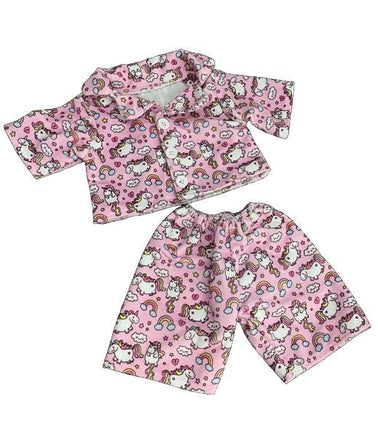 A pink pajama set featuring a pattern of pink and white Hello Kitty characters, including unicorn and rainbows.