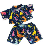 A set of pajamas featuring a dinosaur print, including a shirt and shorts.