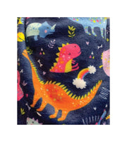 a vibrant and playful pattern of cartoon-style dinosaurs and other animals on a dark background.