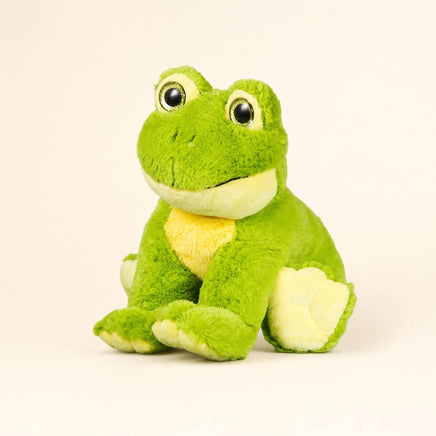 A green plush frog toy with large eyes and a yellow belly is sitting on a plain background.