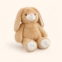 A light brown stuffed bunny toy with white paws and ears is sitting on a white background.