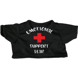 A black t-shirt with white text and a red cross symbol printed on it.