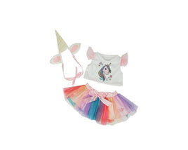 A unicorn-themed outfit consisting of a white shirt with a unicorn design, a pink tutu skirt, and a unicorn horn.