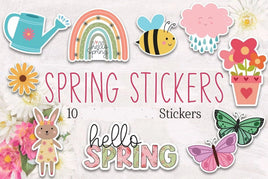The image is a collection of colorful spring-themed stickers, including a watering can, a rainbow, a bee, a cloud, flowers, a rabbit, a butterfly, and a flower pot. The stickers are arranged in a visually appealing manner, showcasing the vibrant colors and cheerful designs associated with the spring season.