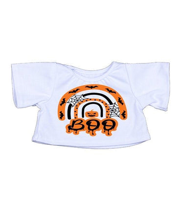 A white t-shirt with a Halloween-themed graphic design featuring a rainbow, bats, and the word "BOO" in orange and black.