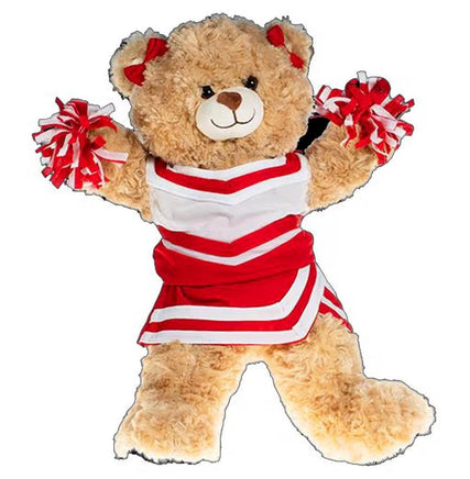 A brown teddy bear wearing a red and white cheerleader outfit and holding pom-poms.