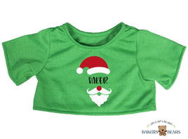 A green t-shirt with a Santa Claus hat and the word "Baker" printed on it.