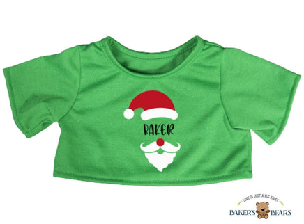 A green t-shirt with a Santa Claus hat and the word "Baker" printed on it.
