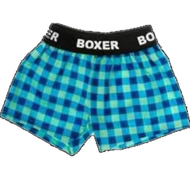 A pair of blue and green plaid boxers with the brand name "BOXER" printed on the waistband.