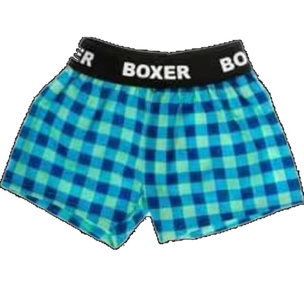A pair of blue and green plaid boxers with the brand name "BOXER" printed on the waistband.