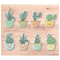 a collection of eight stickers depicting various cacti in pots, each with a unique face or expression.