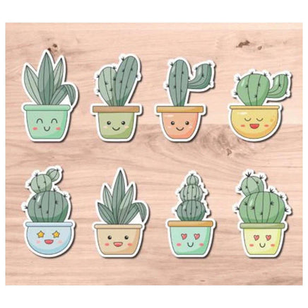a collection of eight stickers depicting various cacti in pots, each with a unique face or expression.