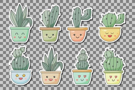a collection of nine potted cacti with smiling faces, arranged in a grid pattern.