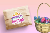 a brown paper bag with a "Happy Easter" sticker on it, placed next to a woven basket filled with colorful Easter eggs.