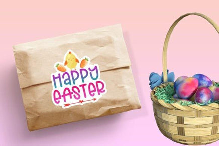 a brown paper bag with a "Happy Easter" sticker on it, placed next to a woven basket filled with colorful Easter eggs.