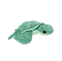 A green plush sea turtle toy is shown against a white background.