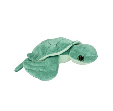 A green plush sea turtle toy is shown against a white background.