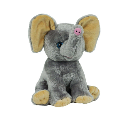 A gray stuffed elephant toy with yellow ears and a pink nose sits on a white background.