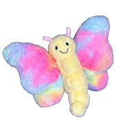 A colorful, plush butterfly toy with a smiling face and vibrant, multicolored wings.