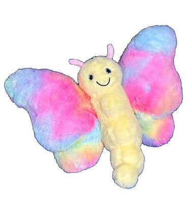 A colorful, plush butterfly toy with a smiling face and vibrant, multicolored wings.