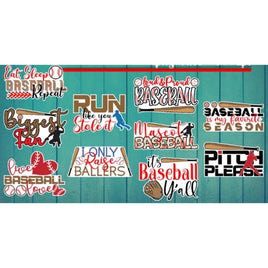 various baseball-related phrases and logos, including "Eat Sleep Baseball Repeat", "It's my favorite season", "I Only Raise Ballers", "It's Baseball Y'all", and "Love Baseball".