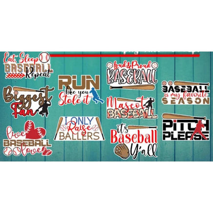 various baseball-related phrases and logos, including "Eat Sleep Baseball Repeat", "It's my favorite season", "I Only Raise Ballers", "It's Baseball Y'all", and "Love Baseball".