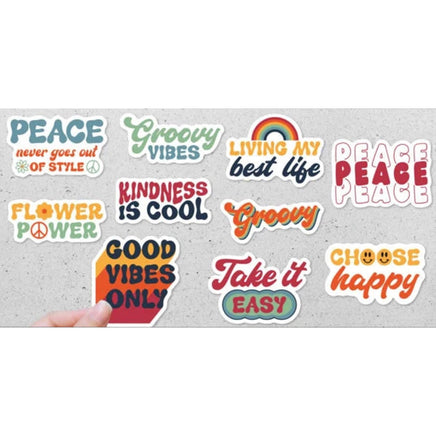 a collection of colorful stickers with various phrases and designs, including "Peace", "Groovy Vibes", "Living my best life", "Kindness is cool", "Good vibes only", "Take it easy", and "Choose happy".