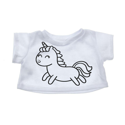 A white t-shirt with a simple black line drawing of a cartoon unicorn.