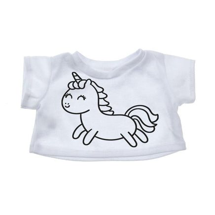 A white t-shirt with a simple black line drawing of a cartoon unicorn.