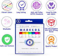 The image is a product advertisement for a package of Color Swell markers. The package contains a set of 8 markers with vibrant colors and is described as a safe and non-toxic product. The advertisement highlights the markers' long-lasting quality, their washable and broad-line capabilities, and their suitability for both kids and adults. The image also includes a thumbs up symbol, indicating a positive sentiment towards the product.
