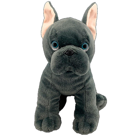 A plush toy of a black dog with large blue eyes and pink ears.