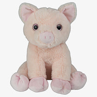 A plush toy of a pig sitting on its hind legs with pink ears and feet.
