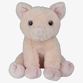A plush toy of a pig sitting on its hind legs with pink ears and feet.