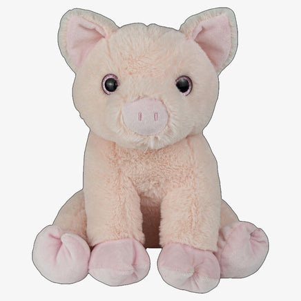 A plush toy of a pig sitting on its hind legs with pink ears and feet.