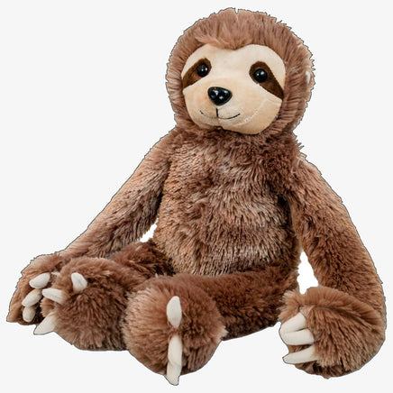 A brown plush sloth toy sitting on a white background.