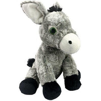 A gray stuffed donkey toy with black legs and feet, and a white nose.