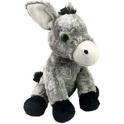 A gray stuffed donkey toy with black legs and feet, and a white nose.