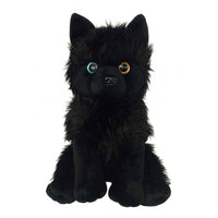 A black plush toy dog with large, round eyes and a fluffy, furry appearance.