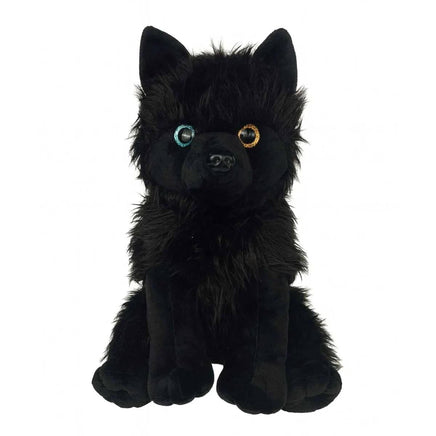 A black plush toy dog with large, round eyes and a fluffy, furry appearance.