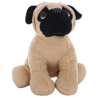 A stuffed pug toy with a black nose and eyes sits on a white background.