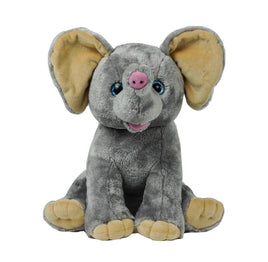 A gray stuffed elephant toy with large ears and a pink nose sits on a white background.