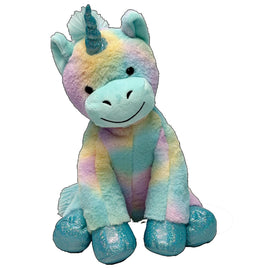 A plush toy of a unicorn with a multicolored pattern and a blue horn.
