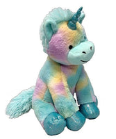 A plush toy of a unicorn with a blue and pink color scheme and a glittery horn.