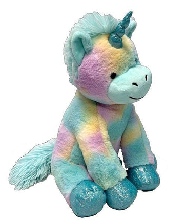 A plush toy of a unicorn with a blue and pink color scheme and a glittery horn.