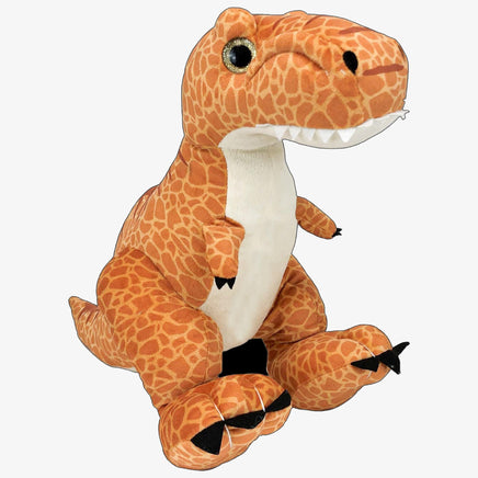 A large stuffed toy dinosaur with a spotted pattern and a friendly expression.