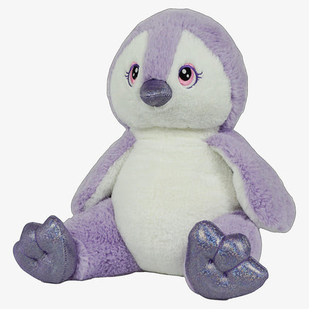 A purple and white stuffed penguin toy sitting on a white background.